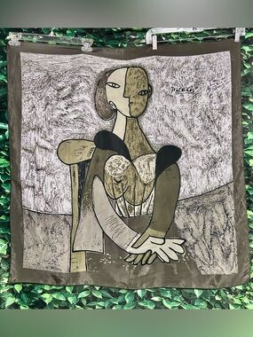 Vintage Picasso Cubism Multi-Color Square Scarf Green Tones Square 33.5” x 4"
